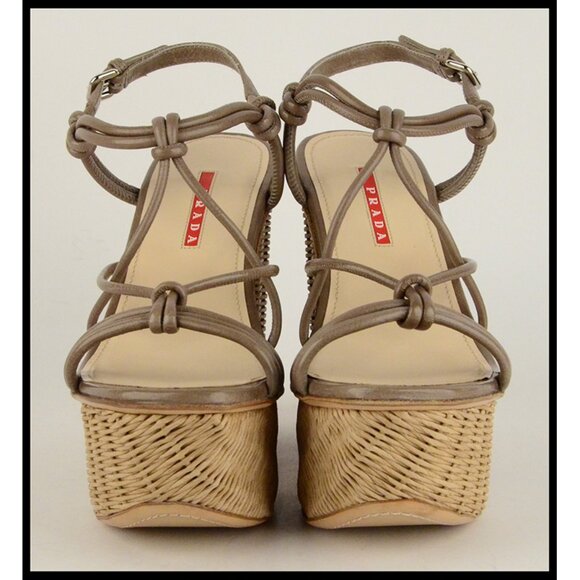 PRADA SHOES KNOTTED LEATHER WICKER WEDGE PLATFORM SANDALS sz 40 / 10 - Picture 8 of 13